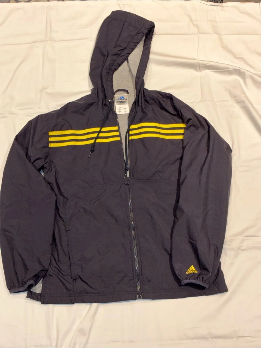 Vintage Y2K Adidas Hooded Windbreaker Jacket Navy Blue Yellow Striped Medium